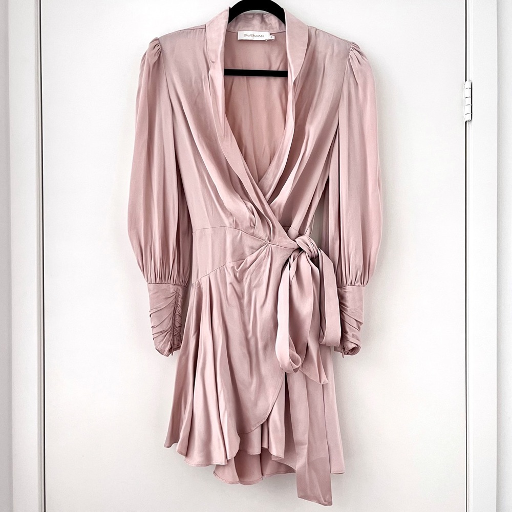 Zimmermann Ruffled silk-satin mini wrap pink dress 0